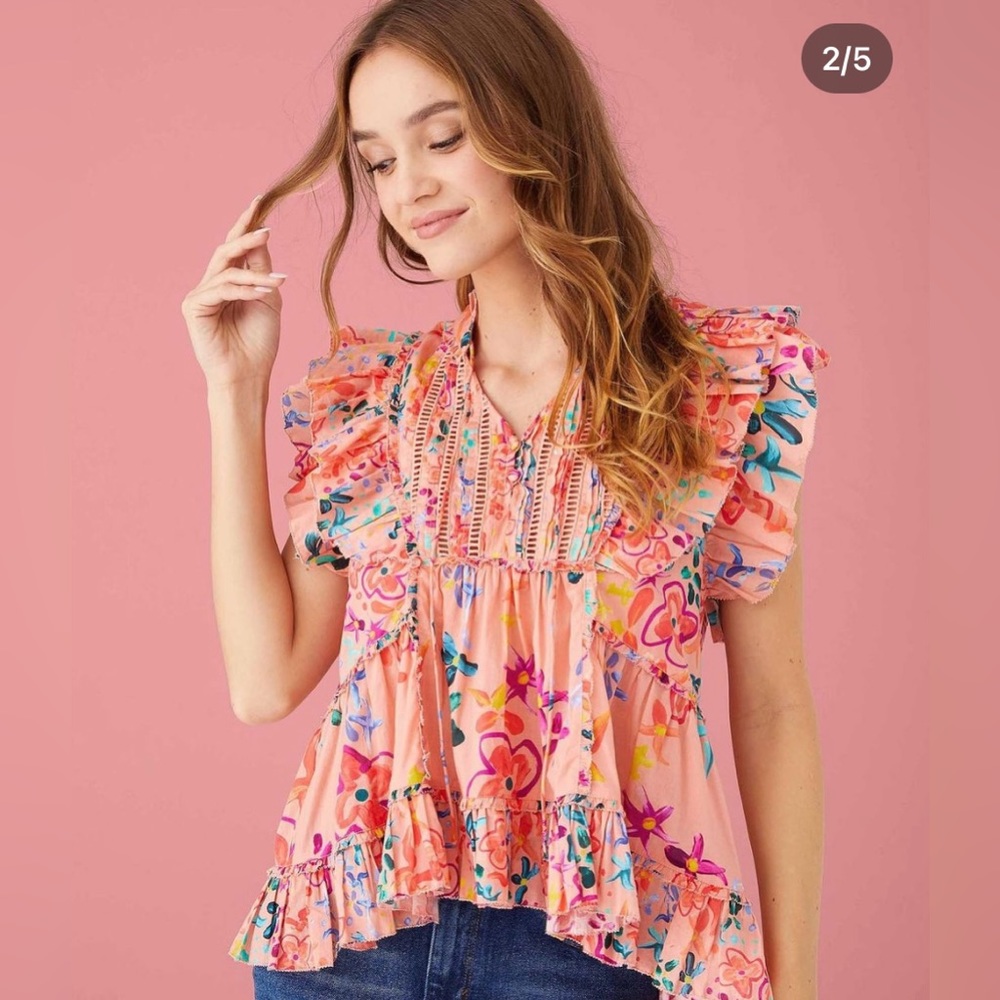Alivia brand Tina Rainbow Floral Pink Sand Top